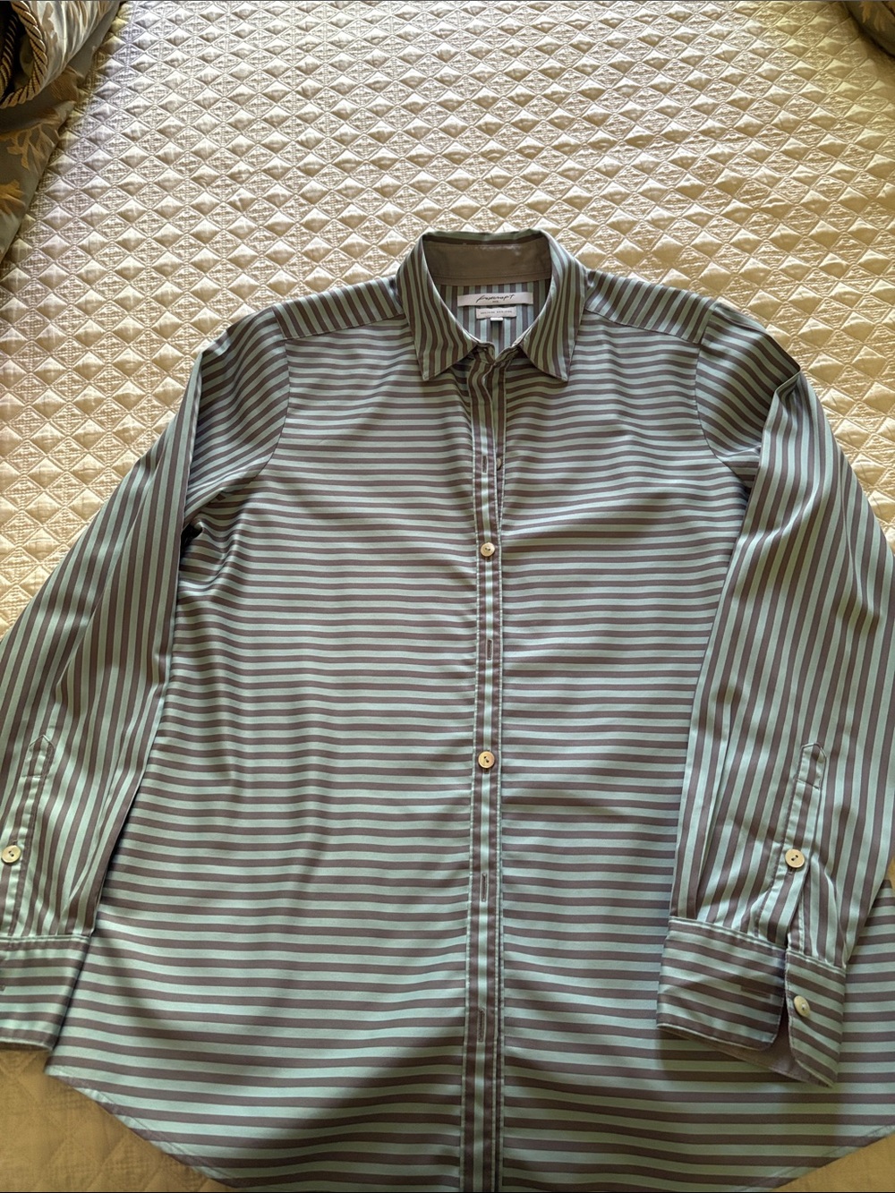 Foxcroft Striped Button-Down Shirt in Green and Gray